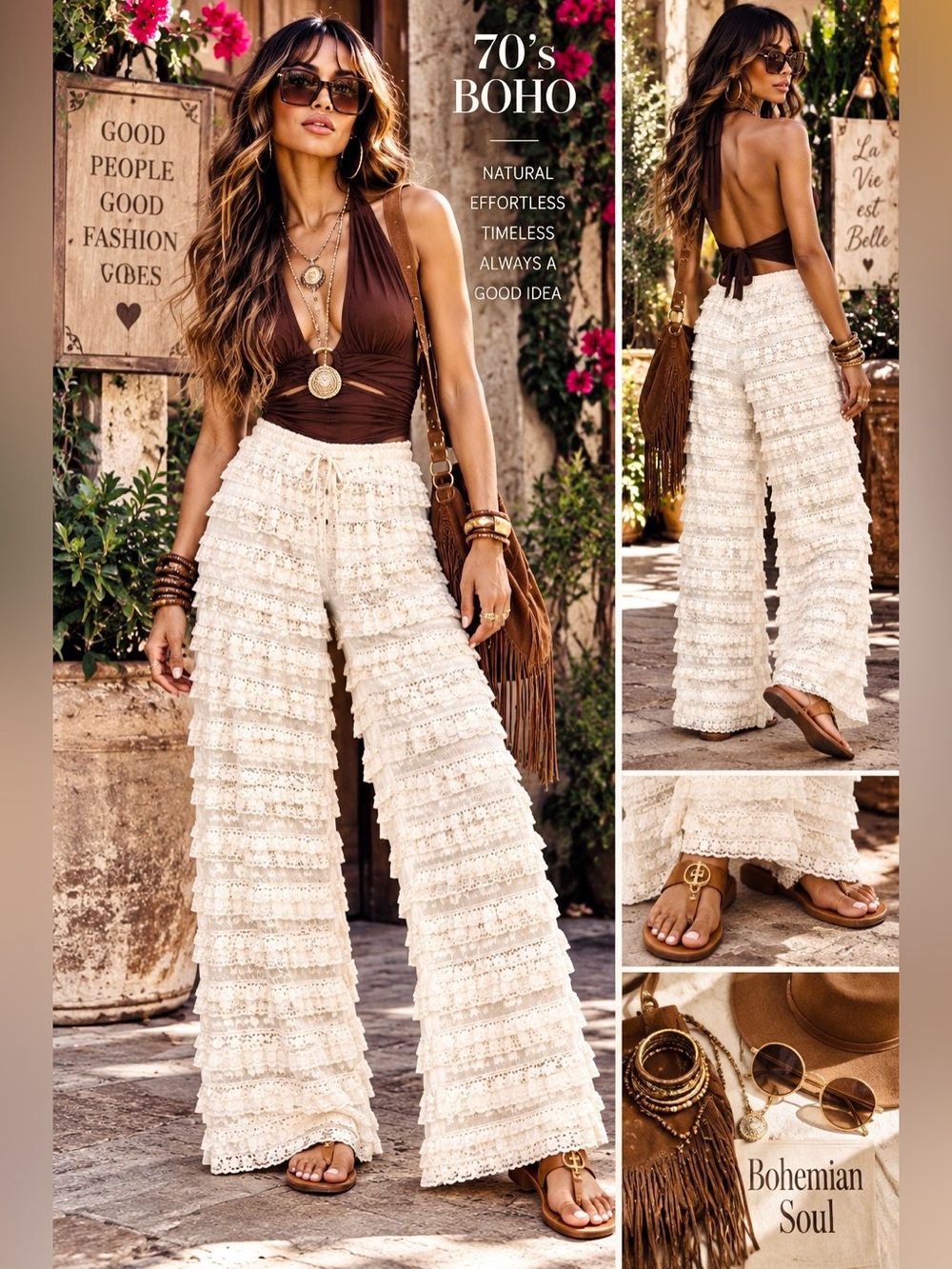 POL Cream Lace Ruffle 2 Piece Top Wide Leg Pants Boho Set M - Picture 4 of 12